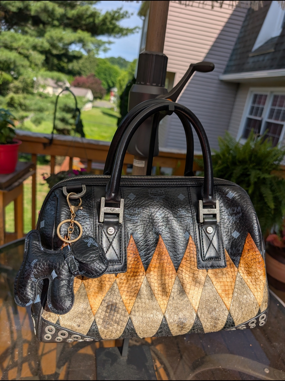 MCM Rare Harlequin Python and Leather Boston Satchel
